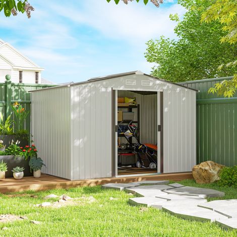 Abri de jardin en acier galvanisé de 5 m² avec kit de fondation, aérations, toit en pente, double porte coulissante verrouillable, abri à outils, blanc (1/5)