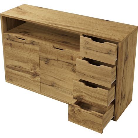 Aparador Kommode 150 x 40 x 90 cm efecto roble con 2 puertas y 4 cajones (1/5)