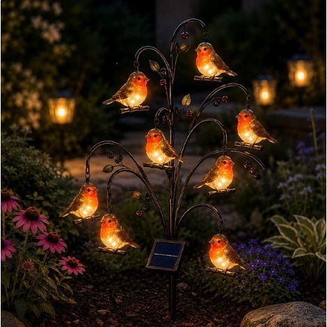 Lampe de jardin créative - Lampe solaire en forme d'oiseau pour souche - Robin