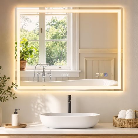 Miroir salle de bain LED bluetooth 90 x 70 cm interrupteur tactile lumière réglable 3 couleurs anti-buée mémoire argent (1/5)