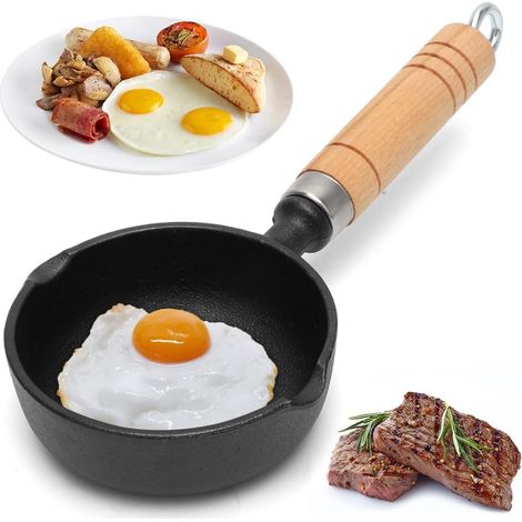 Sartén de hierro fundido de Ø11 cm, mini sartén portátil para huevos, pequeña sartén antiadherente de inducción con mango, ideal para freír huevos, tortillas, tocino, jamón, filetes, para acampar y co (1/4)