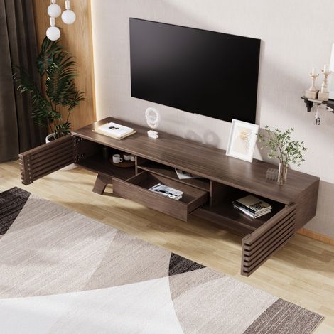 Meuble TV en panneaux de particules coloris naturel 150,0x35,0x44,0 cm, 1 tiroir, 2 portes, niches ouvertes (1/5)