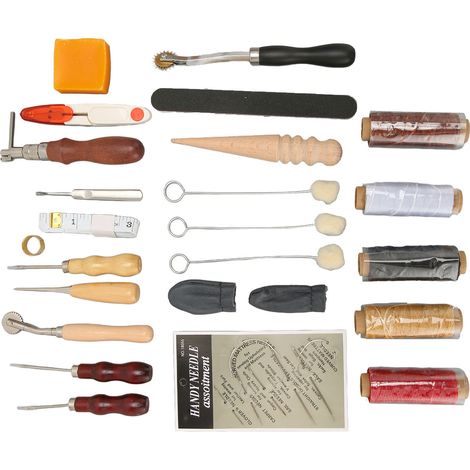 Kit de couture cuir 31 pièces : fil ciré, aiguilles, molette à tracer, dé à coudre, outils pour travail du cuir (1/5)