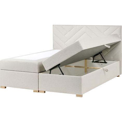 Cama continental diván con almacenaje con arcón elevable tapizado cabecero de tela blanco crema 180 x 200 cm Esquire