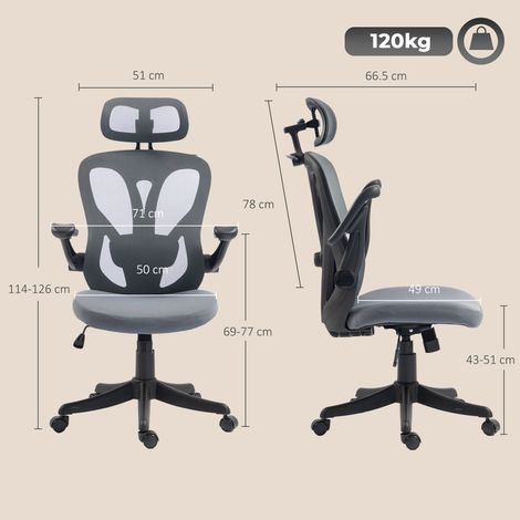 Chaise de bureau ergonomique avec accoudoirs pliables 3D, appui-tête 2D, porte-vêtements, revêtement en maille, gris foncé. (1/5)