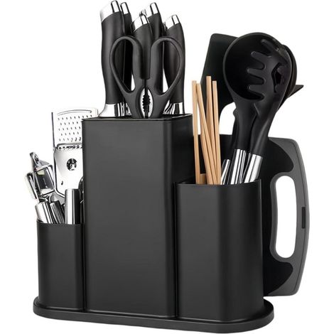 Bloc couteaux 4-en-1 avec porte-couverts et porte-planche à découper, Noir (1/4)