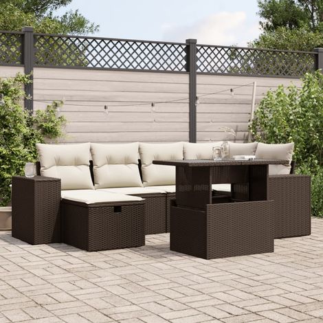 Set de Jardin 7 Pièces en Résine Tressée Marron avec Coussins - Table à Hauteur Réglable en Verre Trempé (1/5)