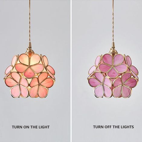 Lustre en verre teinté avec motif fleur de cerise, largeur de l'abat-jour 21 cm, ampoule blanche (rose). (1/5)