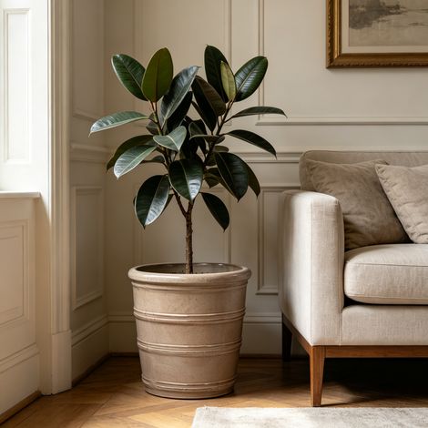 Pot céramique artisanal Ø40,5 cm, taupe brillant, rainures horizontales, respirant, antigel, drainage, pour grandes plantes, balcon urbain et jardin. (1/5)