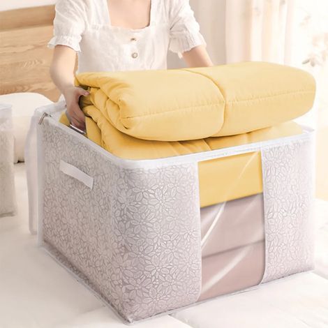 Housse de rangement transparente sous lit en plastique, boîte de stockage grande capacité pour couettes, couvertures et linge de lit, poignées renforcées, lot de 2 (62x55x21,5 cm) (1/5)