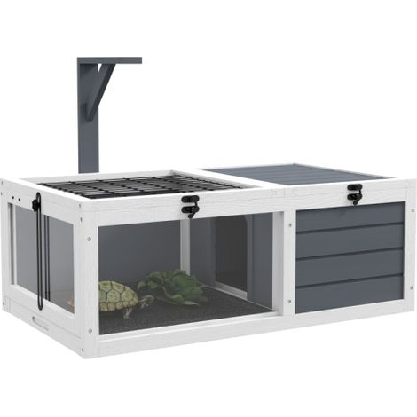 Casa para tortugas, caja para reptiles con 2 compartimentos, tapa, bandejas de plástico, ventana, madera, gris, en el sitio (1/5)