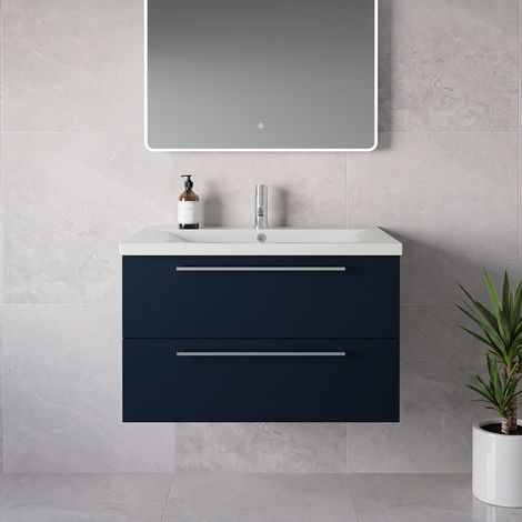 Napoli 460 Deep Blue 800mm Wall Mounted 2 Drawer Vanity Unit with Glide Basin - 800mm - Chrome 480mm Handle