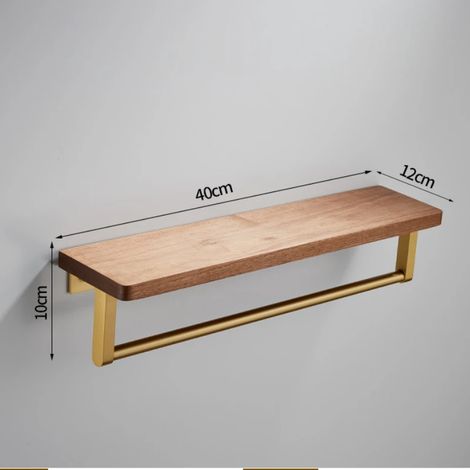 Étagère de rangement murale en noyer (plat avec barre - 40 cm) avec miroir, fixation murale monobloc sans perçage, pour salle de bain. Organisateur de serviettes quotidien. (1/5)