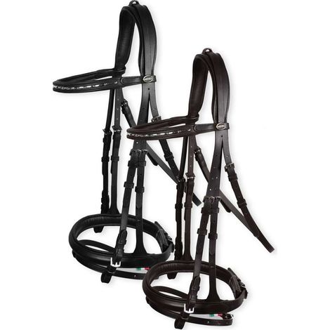 Pony, Nero: Briglia inglese in cuoio con frontalino decorato con borchiette argentate