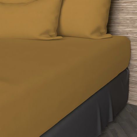 Drap housse en coton 57 fils 140x190 cm UNI moutarde, par Soleil d'ocre