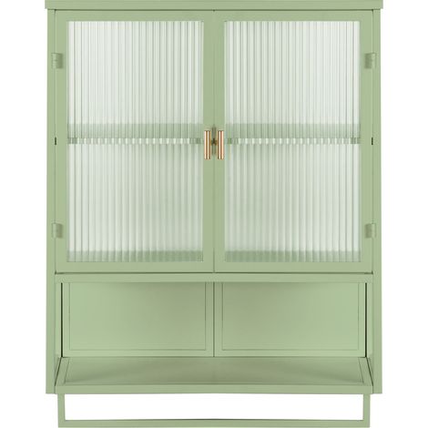 Hängeschrank aus Glas und Metall in Grün, 60 cm, mit 2 Türen, Ablage und Handtuchhalter (1/5)