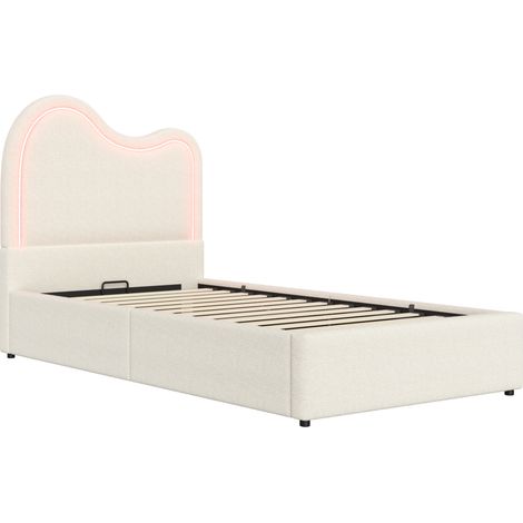 Cama infantil tapizada blanca 90 x 200 cm con almacenamiento hidráulico, somier y cabecero bouclé (1/5)