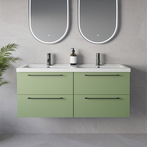 Napoli 390 Olive Green 1200mm Wall Mounted 4 Drawer Vanity Unit with Double Lucia Basins - 1200mm - Gunmetal Grey 320mm Handle
