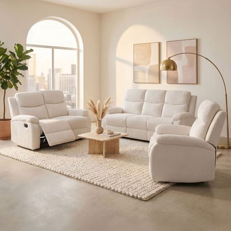 Ensemble 2 canapés + fauteuil relax manuel en velours beige - ZOLARA (1/5)