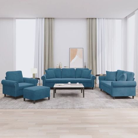 4-tlg. Sofagarnitur mit Kissen Blau Samt (1/5)