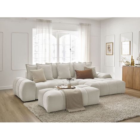 BOBOCHIC - Canapé d'angle convertible coffre EVEREST tissu texturé avec pouf Angle droit Blanc (1/5)