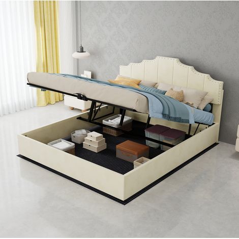 Bett modern minimalistisch in Beige 160x200 cm mit geometrischem Polster-Kopfteil und Lattenrost (1/5)
