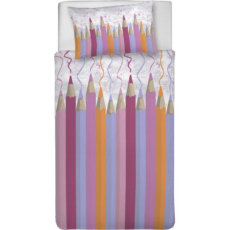 Parure de lit 1 Personne 100% Coton, avec Sac 155 x 200 cm et 1 taie d'oreiller 52 x 82 cm, fabriquée en Italie, Housse de Couette Lavable en Machine à 40 °, Fantaisie Crayons Roses (1/2)