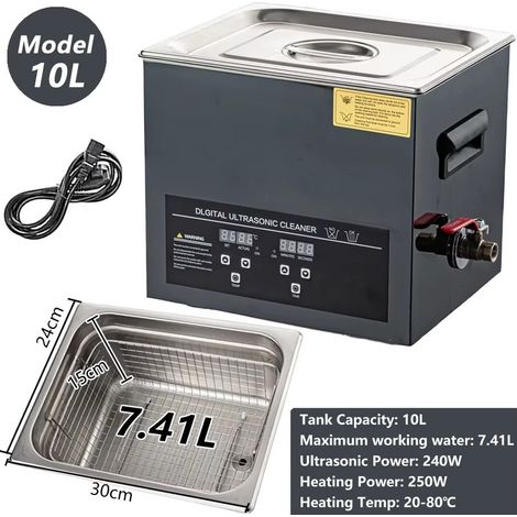 Bain à ultrasons 10L – 40 kHz – minuterie numérique – acier inoxydable – nettoyage bijoux et petits outils (1/5)