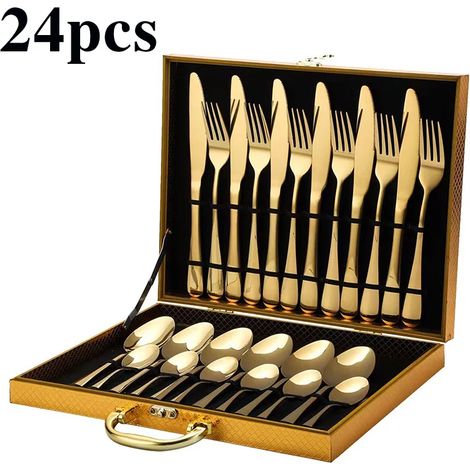 Ensemble de couverts en acier inoxydable doré (24 pièces), couverts à steak, ensemble de 24 pièces (1/2)