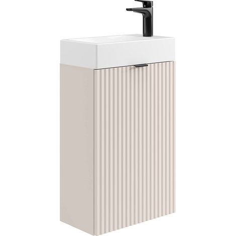 Meuble lave main strié porte réversible beige - H60 x L40 x P22 - VAHIRA (1/4)