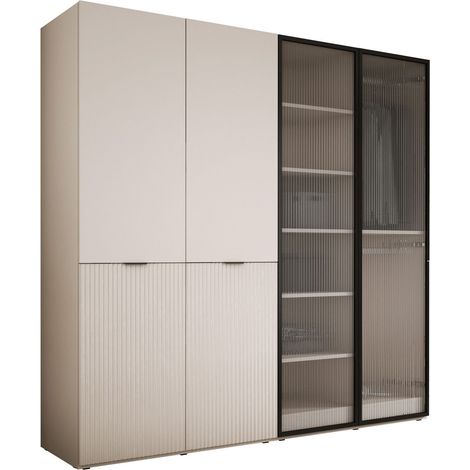 Armoire beige sable avec verre rainuré – Dimensions 200 x 200 x 51 cm – Panneaux stratifiés – Porte à charnières – Montage facile – 3Xe Living (1/5)