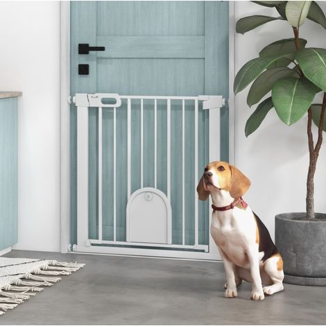 Barriera per animali regolabile 75-82 cm con porticina, metallo e ABS, bianca OKMYHOME (1/5)