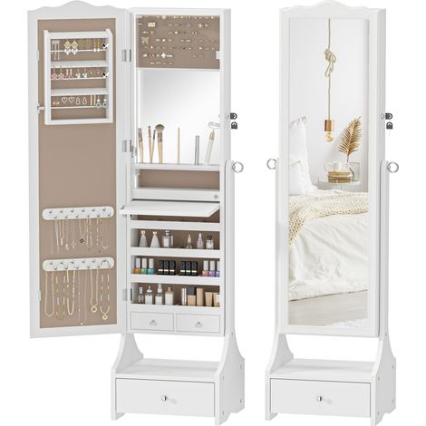 HOMCOM espejo joyero con luces LED, armario joyero con espejo entero de ángulo ajustable, cajones, mesa interior plegable, cerradura, blanco