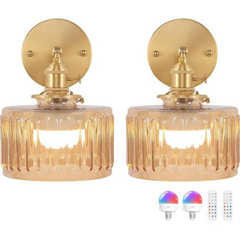 2Stk Wandleuchte Batterie Betrieben Amber Geriffeltes Glas Vintage Stil, LED Wandlampen mit Fernbedienung für Schlafzimmer Bett Eingang Flur Dekorative Beleuchtung (1/5)