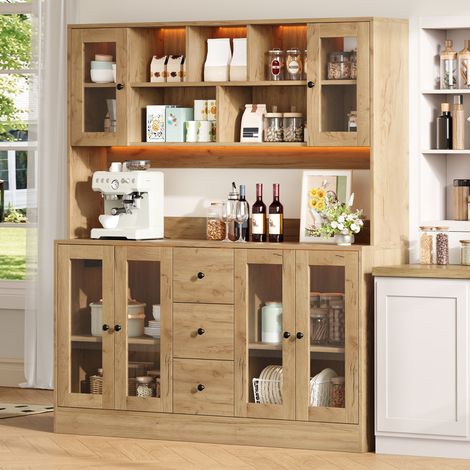 Meuble de cuisine, armoire de rangement haute avec éclairage LED et prises électriques, meuble garde-manger à 6 portes en acrylique et 3 tiroirs, vitrine pour salon et salle à manger, 150 × 40 × 173 c (1/5)