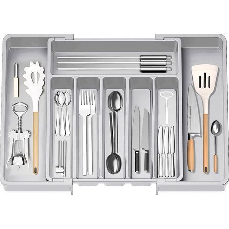 Expandable Utensil Tray for Drawer, Cutlery Organizer, Drawer Organizer for Kitchen, Plastic Storage Holder for Cutlery, Spoons, Forks, Etc, Grey (1/4)