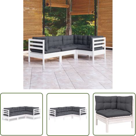 The Living Store Salon de jardin 4 pcs avec coussins blanc bois de pin - Ensemble Salon De Jardin - Salon De Jardin Bois - Mobilier De Jardin - Salon De Patio - Meubles De Jardin (1/5)
