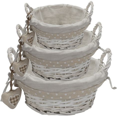 Set da 3 Cestini in vimini rotondi di colore bianco portaoggetti - Misure 30x30x13 cm, 25x25x12 cm, 20x20x10 cm con fodera in tessuto - Bianco con Cuo (1/5)