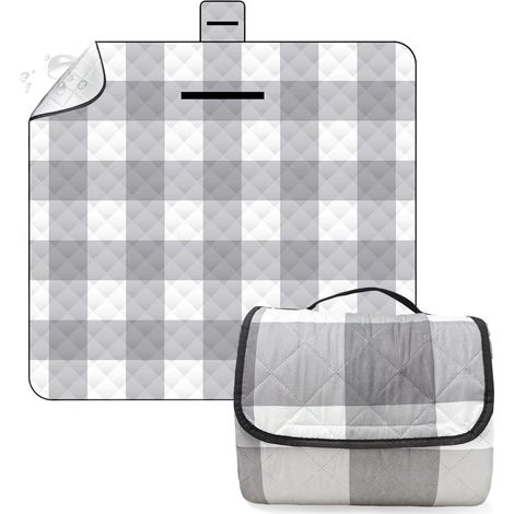 Manta de picnic de 200 x 200 cm, impermeable y resistente a la arena, ligera y lavable, con estampado a cuadros y asa, plegable para camping, jardín o playa, color gris.