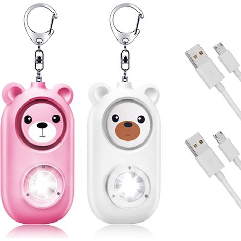 2pcs Alarme Personnelle 130dB Alarme de Poche avec Lumière Flash LED Avertisseur Alarme de Sécurité Rechargeable Anti Agression Porte-Clés pour Femme Enfants Personne Agées - Ours Blanc+Rose (1/5)