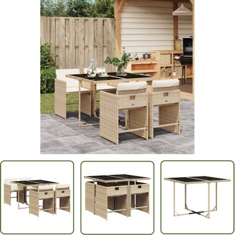 vidaXL 5-tlg. Garten-Essgruppe mit Kissen Beige Poly Rattan (1/5)