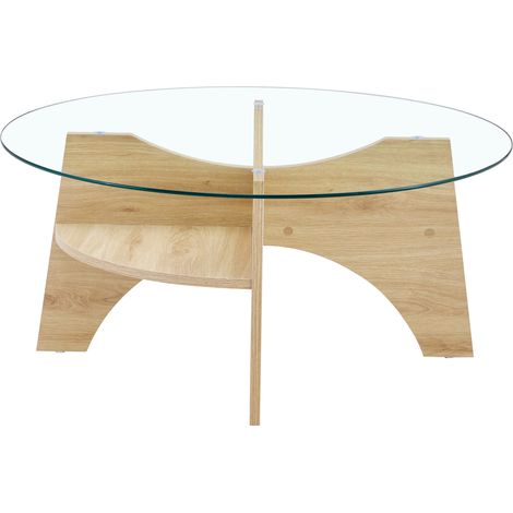 Table basse ronde en verre transparent Ø 80 cm, design minimaliste avec piètement fendu en MDF effet bois clair, pour salon moderne CHICFURN (1/5)