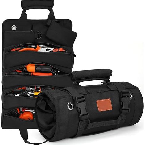 Bolsa de herramientas grande de lona, multiusos, con ruedas, 6 bolsillos, resistente a desgarros y perforaciones, color negro, nailon.