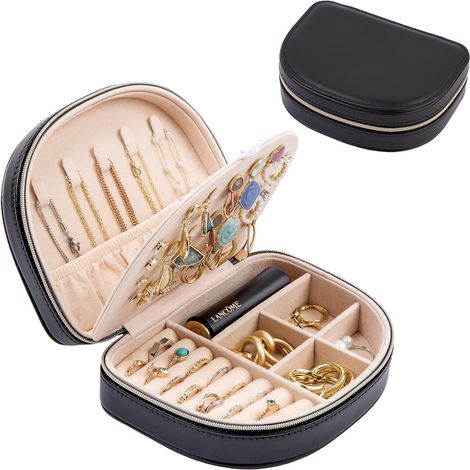 Joyero de viaje de doble capa, bolsa portátil de cuero PU para guardar joyas, anillos, aretes y collares pequeños, color negro.
