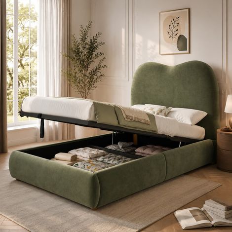 BATDTECH - Cama infantil 90x200 cm, Cama individual con somier, Cabecero acolchado de 11 cm con almacenaje hidráulico, Tapizado en terciopelo verde, sin colchón