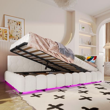 Lit de jour 140x200cm, canapé-lit avec sommier à lattes (sans matelas), éclairage LED intégré, mécanisme de levage hydraulique, port USB Type-C, revêtement en similicuir blanc., garantie 2 ans