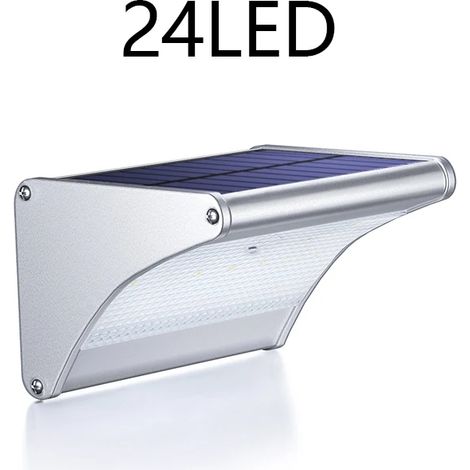 (Éclairage blanc - 24 LED - Argent) Appliques murales solaires pour jardin extérieur, lampe solaire avec capteur radar, en aluminium, étanche, 6000 mAh, pour éclairage de rue ou d'abri. (1/5)