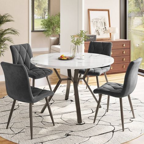 Ensemble de salle à manger 100 cm avec table ronde effet marbre et 4 chaises ergonomiques en suédine grise. (1/5)