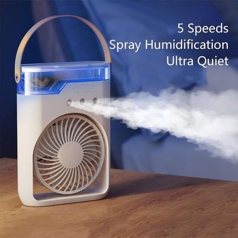 Ventilador portátil con función de nebulización de agua: equipado con 5 velocidades ajustables y luz nocturna,el hogar y exteriores (Negro) (1/5)
