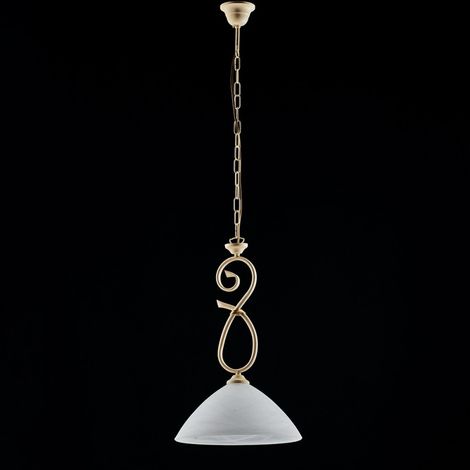 Elfenbeinfarbener Kronleuchter aus Eisen, ein Licht weißer Alabasterglas-Lampenschirm 30x h52 cm